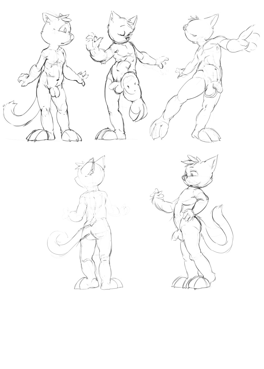 absurd_res anthro balls butt domestic_cat felid feline felis flaccid front_view genitals hi_res humanoid_genitalia humanoid_penis male mammal monochrome nude oselotti oselotti_(character) penis rear_view side_view sketch_page solo standing tail