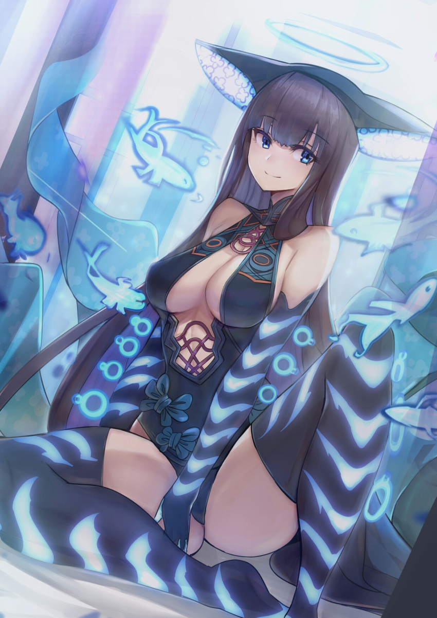 1girl akako_(lovewwsh521) bangs bare_shoulders black_dress black_gloves black_headwear black_legwear blue_eyes blue_fire blunt_bangs blush breasts center_opening cleavage closed_mouth dress elbow_gloves fate/grand_order fate_(series) fire fish gloves halo highres knee_up large_breasts long_hair looking_at_viewer purple_hair sitting smile solo thighhighs thighs very_long_hair yang_guifei_(fate/grand_order)