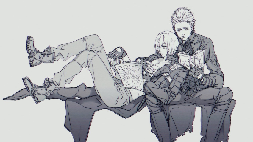 2boys book closed_mouth coat dante_(devil_may_cry) devil_may_cry_(series) devil_may_cry_3 fingerless_gloves gloves hair_slicked_back holding kei_2hellraiser male_focus multiple_boys reading siblings vergil_(devil_may_cry)