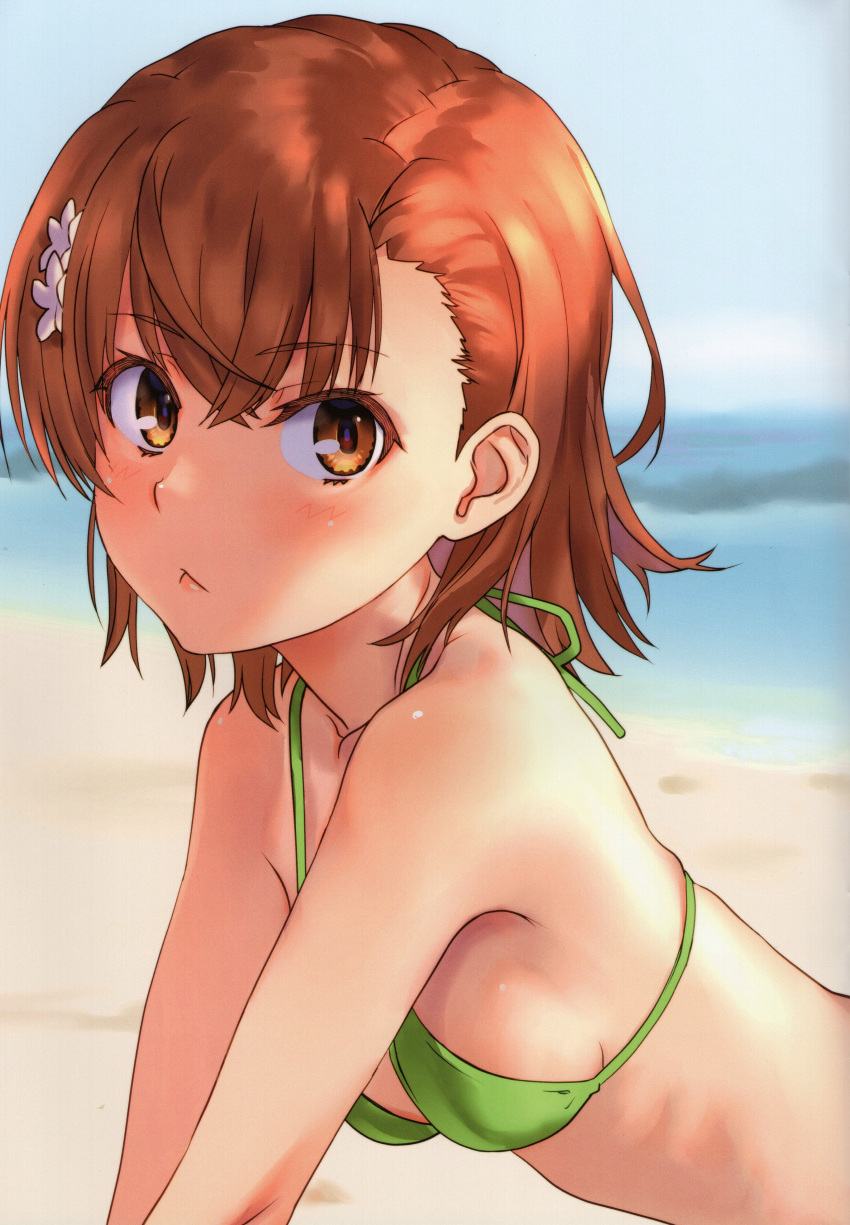 1girl absurdres bare_shoulders bikini blue_sky blurry blush breasts brown_eyes brown_hair closed_mouth day hair_ornament highres looking_at_viewer misaka_mikoto ocean outdoors raika9 scan shiny_skin short_hair sky small_breasts solo swimsuit toaru_kagaku_no_railgun toaru_majutsu_no_index upper_body water