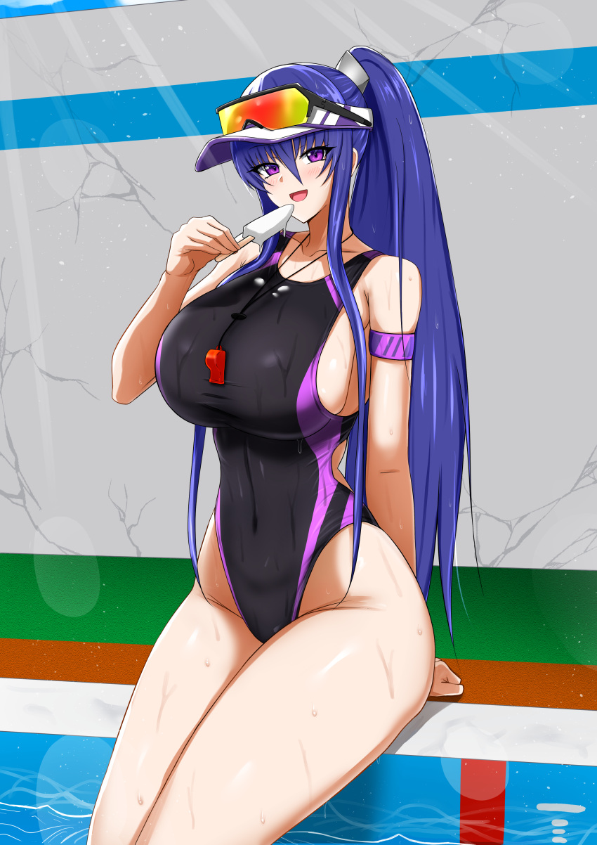 1girl absurdres akiyama_rinko black_one-piece_swimsuit blue_hair breasts commentary_request competition_swimsuit cowboy_shot eyewear_on_head food highleg highleg_swimsuit highres large_breasts long_hair looking_at_viewer one-piece_swimsuit ponytail pool popsicle purple_eyes rekka_(alo4610) soaking_feet solo sunglasses swimsuit taimanin_(series) taimanin_yukikaze two-tone_swimsuit very_long_hair visor_cap whistle whistle_around_neck