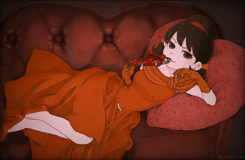 chocolate_fish couch dress earrings elbow_gloves fish gloves hairband heart heart-shaped_pillow high_heels jewelry on_couch osomatsu-san pillow red_dress red_footwear red_hairband red_lips string_of_pearls user_pwza2477 yowai_totoko