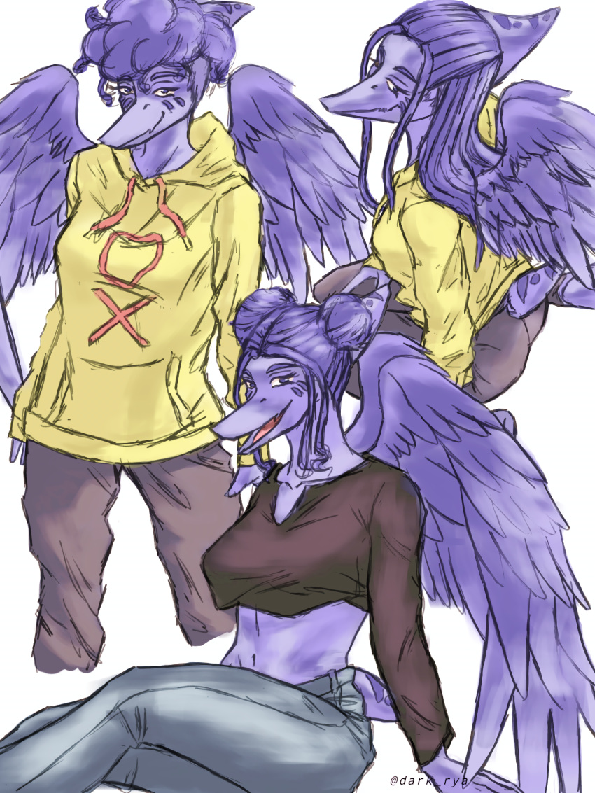 alternate_hairstyle alternate_species anthro bone_frill bottomwear breasts clothing colored crop_top dark_rya denim denim_bottomwear denim_clothing feathered_wings feathers female frill_(anatomy) goodbye_volcano_high groundbreaking hair hair_bun head_crest head_frill hi_res hoodie jeans long_hair open_mouth pants pockets pterodactylus pterosaur purple_body purple_eyes purple_feathers purple_scales reptile scales scalie shirt short_tail simple_background sitting smile smiling_at_viewer snout solo tail tongue topwear trish_(gvh) wings