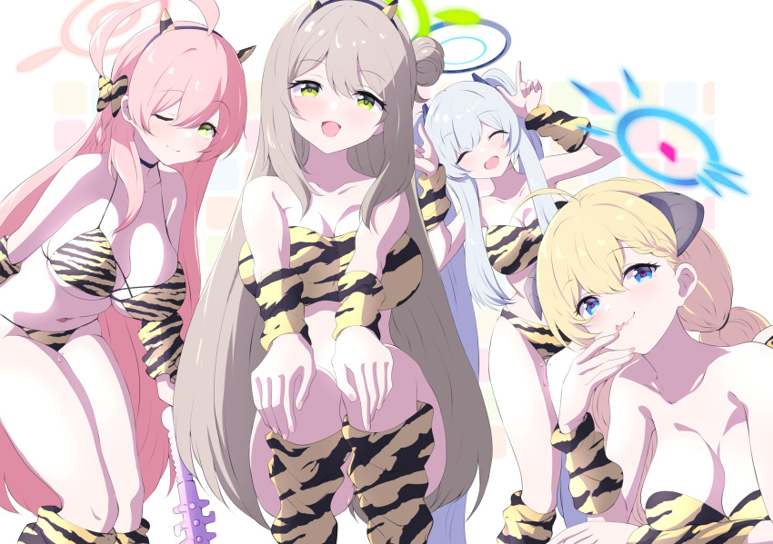 4girls :d :p ;) ahoge akari_(blue_archive) alternate_costume alternate_hairstyle animal_print armpits bare_shoulders bikini black_choker blonde_hair blue_archive blue_eyes blunt_bangs boots bow breasts brown_hair choker cleavage collarbone commentary_request demon_girl demon_horns fake_horns green_eyes grey_hair hair_between_eyes hair_bow hair_bun hair_ribbon hairband halo hanako_(blue_archive) head_tilt headgear highres horns horns_pose knee_boots large_breasts long_hair looking_at_viewer multiple_girls navel noa_(blue_archive) nonomi_(blue_archive) one_eye_closed oni_costume pink_hair ribbon setsubun sidelocks simple_background single_side_bun smile spaghetti_strap squatting stomach strapless strapless_bikini swimsuit tiger_print tongue tongue_out tonomiya68 white_background