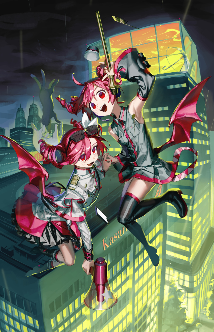 2girls absurdres ahoge arm_up armpits black_footwear black_shirt black_skirt blush boots building buttons cat city commentary_request demon_wings detached_sleeves double-breasted drill_hair dual_persona eyewear_on_head falling fang floating_hair full_body grey_jacket grey_skirt helipad highres holding holding_hands holding_megaphone holding_microphone_stand index_finger_raised inemuri_(jdq5e) jacket kasane_teto kasane_teto_(sv) knee_boots layered_skirt long_sleeves looking_at_viewer low_wings megaphone microphone_stand midair miniskirt multiple_girls night open_mouth overcast poster_(medium) red_eyes red_hair red_nails shirt shoulder_belt shoulder_boards single_wing skin_fang skirt sky skyscraper sleeveless sleeveless_shirt smile sunglasses synthesizer_v thigh_boots twin_drills umbrella urban utau wings