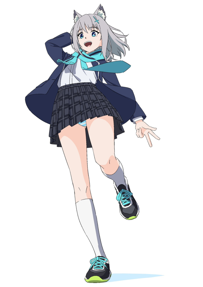 1girl animal_ear_fluff animal_ears blue_archive blue_eyes full_body grey_hair highres jacket medium_hair mismatched_pupils open_clothes open_jacket open_mouth panties pantyshot papiyon1297 scarf shiroko_(blue_archive) shirt shoes simple_background skirt smile sneakers socks solo striped_clothes striped_panties underwear white_background white_socks wolf_ears
