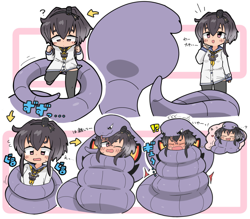 !? ...? 1girl ? arbok black_eyes black_hair black_thighhighs blue_sailor_collar blush chibi closed_eyes commission constriction crossover dress flying_sweatdrops forked_tongue grey_hair heart highres kantai_collection kuto_tubuyaki long_sleeves multicolored_hair multiple_views neckerchief one_eye_closed open_mouth pink_eyes pokemon pokemon_(creature) sailor_collar sailor_dress short_dress short_hair_with_long_locks simple_background skeb_commission sound_effects sweat thighhighs tokitsukaze_(kancolle) tongue translation_request two-tone_background white_dress yellow_neckerchief