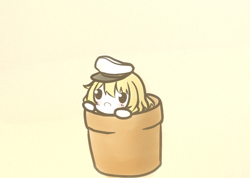 1girl :o blonde_hair blush chibi flower_knight_girl flower_pot hat in_container koti open_mouth solid_oval_eyes solo white_headwear yuri_(flower_knight_girl)