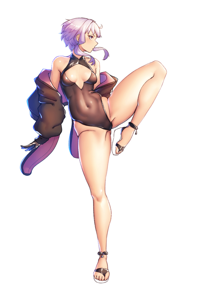 1girl absurdres bare_shoulders black_leotard breasts commentary_request covered_navel expressionless full_body highleg highleg_leotard highres jacket leg_up leotard looking_to_the_side nicchi off_shoulder open_clothes open_jacket platform_footwear profile purple_eyes purple_hair short_hair_with_long_locks simple_background small_breasts solo standing standing_on_one_leg thighs vocaloid voiceroid white_background yuzuki_yukari