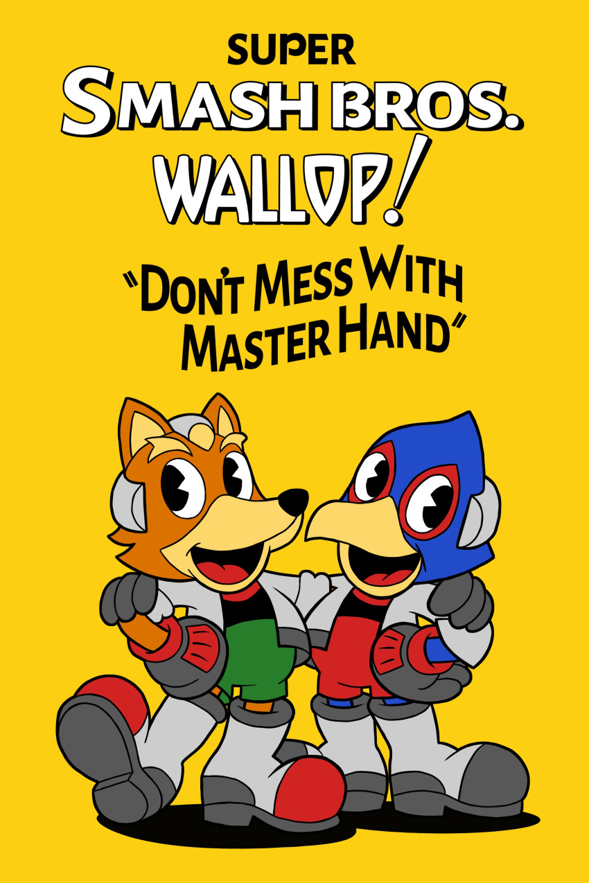 2boys absurdres animal_ears bird black_eyes boots crossover cuphead_(game) daniel_bernal english_text falco_lombardi falcon fox fox_ears fox_mccloud furry gloves happy highres jacket looking_at_viewer md5_mismatch multiple_boys open_mouth parody poster resized simple_background smile star_fox style_parody super_smash_bros. upscaled yellow_background