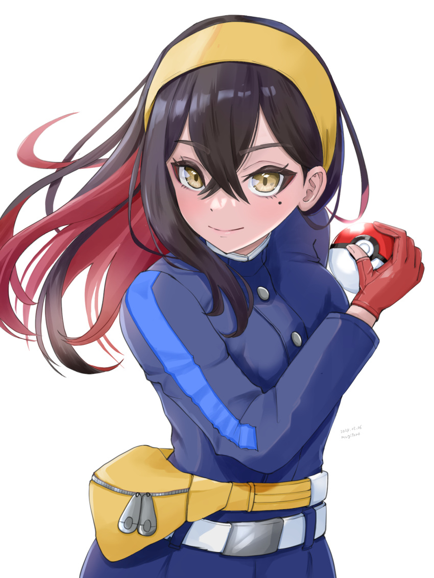 1girl belt belt_buckle black_hair buckle buttons carmine_(pokemon) closed_mouth commentary_request eyelashes fanny_pack gloves hair_between_eyes hairband hand_up highres holding holding_poke_ball jacket long_sleeves mole mole_under_eye mugitoro_(dsfv2277) multicolored_hair pants partially_fingerless_gloves poke_ball poke_ball_(basic) pokemon pokemon_sv red_gloves smile solo two-tone_hair white_belt yellow_bag yellow_eyes yellow_hairband