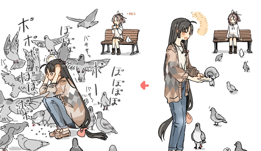 2girls ahoge alternate_costume bench bird bird_feeding black_hair blush cardigan denim hair_ribbon highres hinata_hibari jeans jewelry kantai_collection long_hair multiple_girls necklace pants pigeon ribbon shouhou_(kantai_collection) zuihou_(kantai_collection)