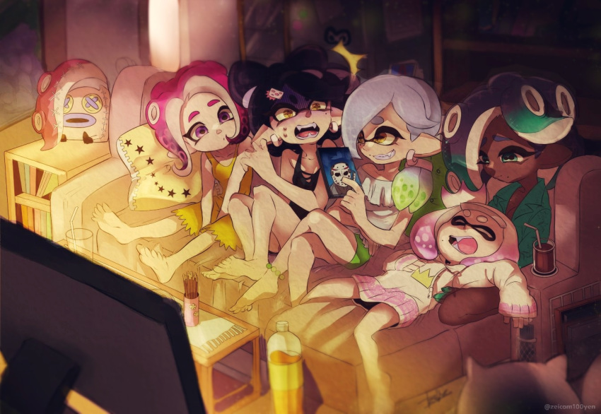 5girls anklet aori_(splatoon) aqua_eyes aqua_hair barefoot bed black_hair blurry blurry_background bottle bunk_bed closed_eyes commentary_request couch crossed_legs cup dark_background drink drinking_straw dvd_(object) fangs flat_screen_tv food gradient_hair green_hair hime_(splatoon) horror_(expression) hotaru_(splatoon) iida_(splatoon) isamu-ki_(yuuki) jewelry light lying multicolored_hair multiple_girls night octoling on_back open_mouth pajamas pillow pink_hair pocky pointy_ears purple_eyes scared screen_light silver_hair sitting sleeping sleepover smile snoring splatoon_(series) splatoon_2 stuffed_toy television tentacle_hair turn_pale white_hair yellow_eyes