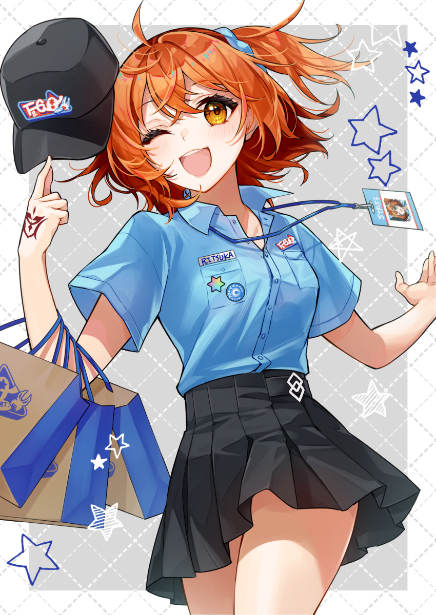 1girl ;d ahoge bag blue_scrunchie blue_shirt breasts buttons card chaldea_logo collared_shirt command_spell fate/grand_order fate_(series) fujimaru_ritsuka_(female) hair_between_eyes hair_ornament hair_scrunchie hat highres holding holding_bag holding_clothes holding_hat ichino_tomizuki id_card lanyard looking_at_viewer name_tag one_eye_closed one_side_up open_mouth orange_eyes orange_hair partially_unbuttoned saint_quartz_(fate) scrunchie shirt shopping_bag short_hair side_ponytail skirt smile