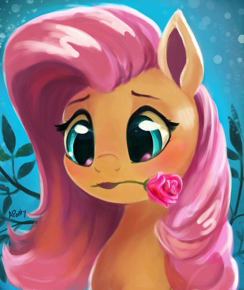 2020 absurd_res aponty digital_media_(artwork) digital_painting_(artwork) equid equine female feral flower flower_in_mouth fluttershy_(mlp) friendship_is_magic hi_res mammal mouth_hold my_little_pony plant rose_(flower) rose_in_mouth signature solo