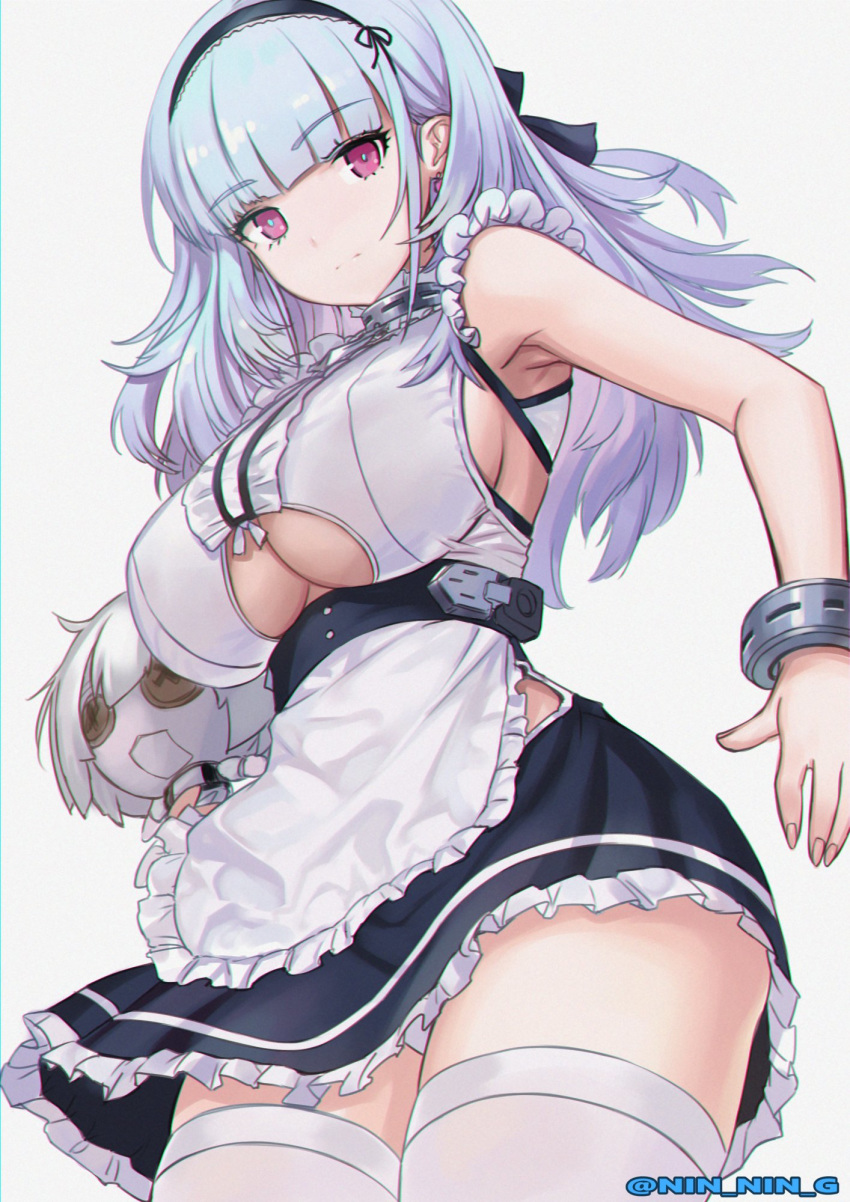 1girl anchor_choker anchor_necklace apron armpits azur_lane bangs black_hairband breasts center_frills choker closed_mouth dido_(azur_lane) doll earrings eyebrows_visible_through_hair frilled_apron frilled_choker frills from_below hairband highres holding holding_doll jewelry lace-trimmed_hairband large_breasts long_hair looking_at_viewer maid_apron ninnin_(shishitou) shirt sideboob silver_hair sleeveless sleeveless_shirt thighhighs thighs underboob underboob_cutout waist_apron white_apron wrist_cuffs