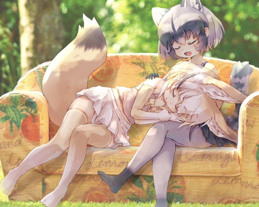 2girls adapted_costume animal_ears bare_shoulders black_skirt blonde_hair bow bowtie closed_eyes common_raccoon_(kemono_friends) couch elbow_gloves extra_ears eyebrows_visible_through_hair fang fennec_(kemono_friends) fox_ears fox_girl fox_tail fur_trim gloves gradient gradient_legwear grey_hair grey_legwear grey_shirt hand_on_another's_shoulder highres kemono_friends kolshica lap_pillow midriff multicolored_hair multiple_girls no_shoes open_mouth pink_shirt pink_skirt pleated_skirt raccoon_ears raccoon_girl raccoon_tail shirt short_hair sitting skirt sleeveless tail tank_top thighhighs white_hair white_legwear yellow_legwear yellow_neckwear zettai_ryouiki