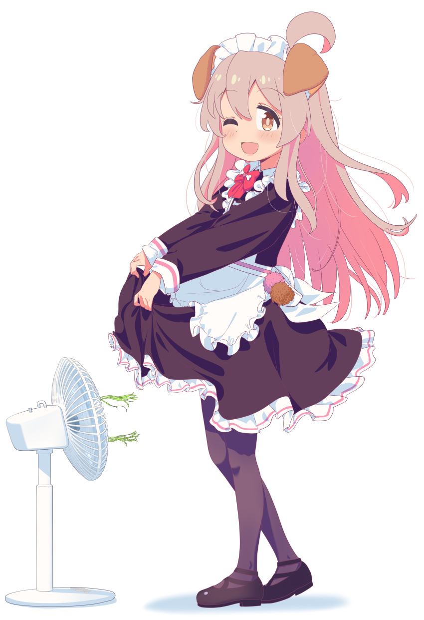 1girl ;d absurdres ahoge animal_ears apron black_dress black_footwear black_pantyhose blush bone_necklace bow bowtie brown_eyes clothes_grab clothes_lift colored_inner_hair dog_ears dress dress_lift electric_fan fake_animal_ears frilled_apron frilled_dress frills full_body grey_hair hair_between_eyes highres long_hair looking_at_viewer maid maid_apron maid_headdress mary_janes medium_dress multicolored_hair one_eye_closed onii-chan_wa_oshimai! open_mouth oyama_mahiro pantyhose pink_hair red_bow red_bowtie shiina_excel shoes simple_background sleeve_cuffs smile solo standing white_apron white_background