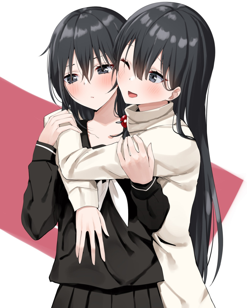 2girls :/ ;d bangs black_eyes black_hair black_sailor_collar black_serafuku black_shirt blush closed_mouth commentary_request eyebrows_visible_through_hair hair_ribbon hand_on_another's_stomach highres hug long_hair long_sleeves looking_at_another looking_away looking_down multiple_girls neckerchief one_eye_closed open_mouth original piripun ribbon sailor_collar school_uniform serafuku shirt smile straight_hair sweater turtleneck turtleneck_sweater two-tone_background upper_body very_long_hair white_neckwear white_sweater yuri