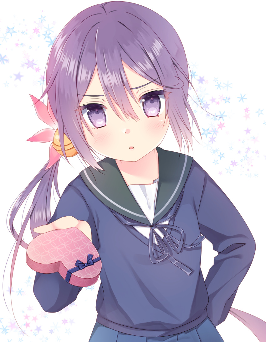 1girl akebono_(kantai_collection) bell black_sailor_collar blue_skirt blush cardigan commentary_request flower gift hair_bell hair_flower hair_ornament highres holding holding_gift jingle_bell kantai_collection long_hair long_sleeves parted_lips pink_flower pleated_skirt purple_cardigan purple_eyes purple_hair sailor_collar school_uniform serafuku side_ponytail skirt solo valentine yuuzaki