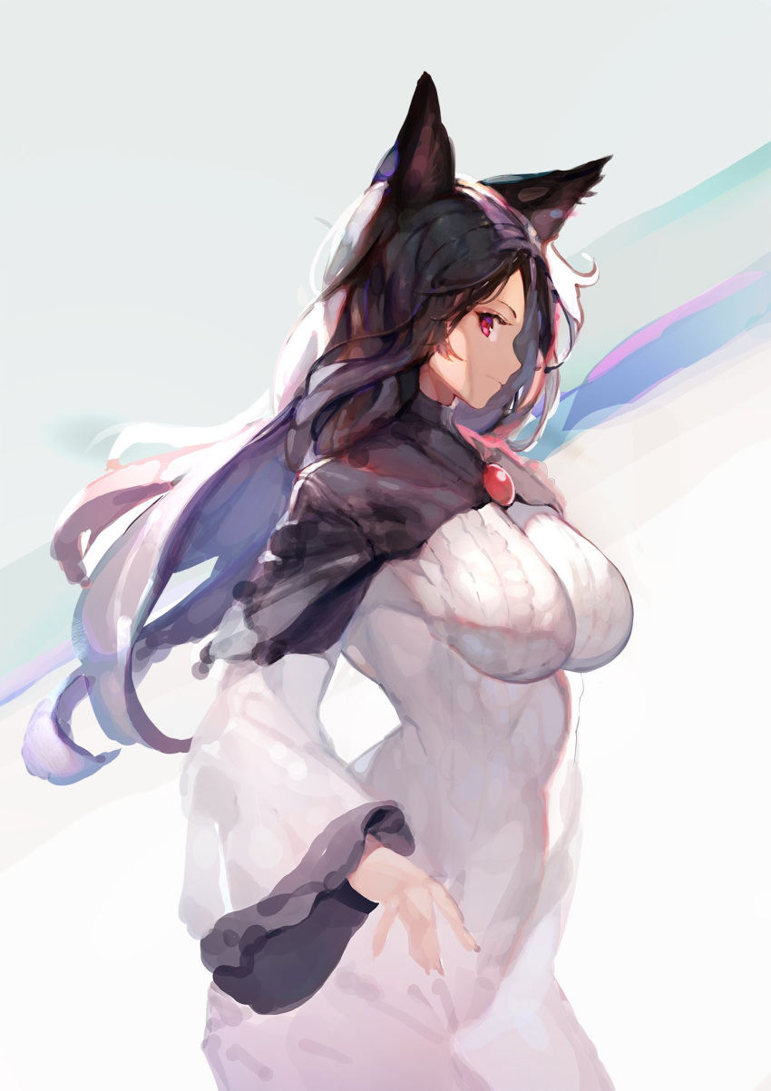 1girl animal_ears black_hair breasts brooch commentary cowboy_shot dress from_side grey_background highres imaizumi_kagerou jewelry large_breasts long_hair long_sleeves looking_at_viewer onion_(onion_and_pi-natto) profile red_eyes solo taut_clothes taut_dress touhou two-tone_background white_background white_dress wide_sleeves wolf_ears