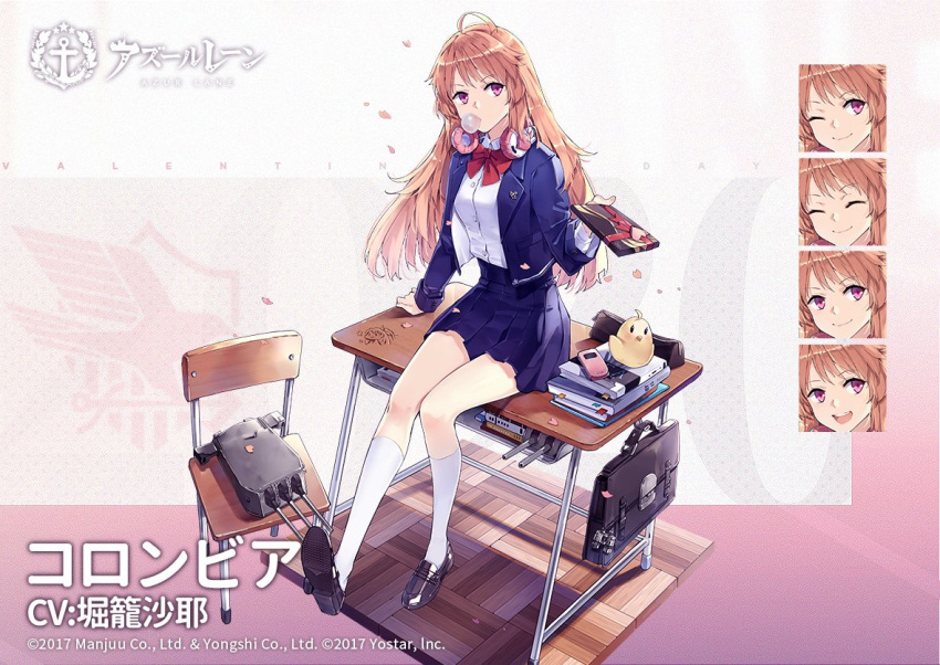 1girl ahoge azur_lane bag bird black_footwear blazer blue_jacket blue_skirt book brown_hair bubble_blowing cellphone chair chewing_gum chick closed_eyes columbia_(azur_lane) commentary_request desk expressions full_body gift hao_(patinnko) headphones jacket kneehighs legs long_hair manjuu_(azur_lane) official_art on_desk one_eye_closed open_mouth phone pink_eyes school_uniform shirt shoes sitting sitting_on_desk skirt smile valentine white_legwear white_shirt