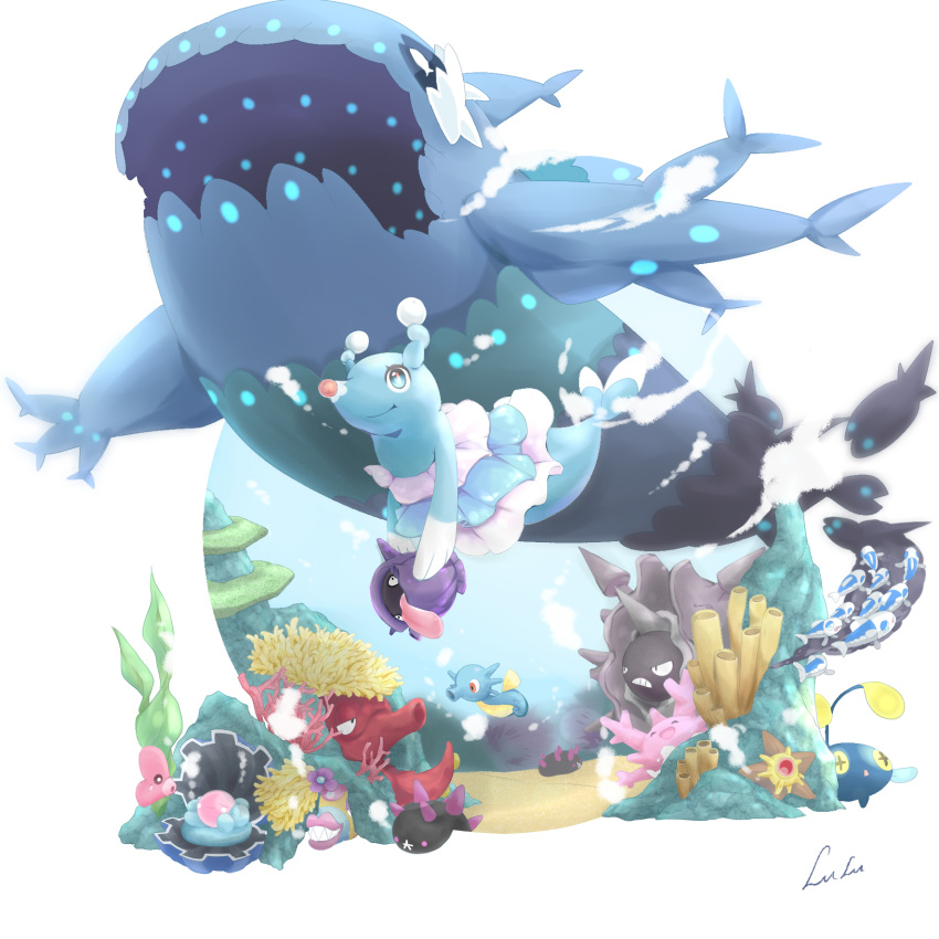 brionne bruxish chinese_commentary cloyster commentary_request corsola creature fish gen_1_pokemon gen_2_pokemon gen_3_pokemon gen_7_pokemon highres holding holding_pokemon horsea littlelluu no_humans octillery pokemon pokemon_(creature) pyukumuku shellder underwater water wishiwashi