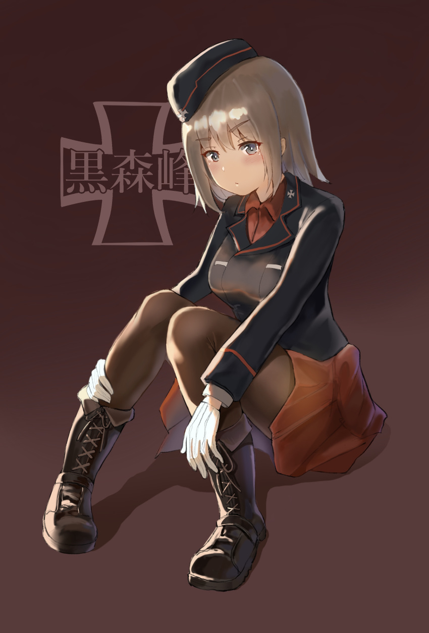 1girl absurdres bangs black_footwear black_headwear black_jacket black_legwear blue_eyes boots closed_mouth commentary cross-laced_footwear dress_shirt emblem eyebrows_visible_through_hair frown full_body garrison_cap girls_und_panzer gloves hat highres insignia itsumi_erika jacket kuromorimine_(emblem) kuromorimine_military_uniform lace-up_boots light_blush long_sleeves looking_at_viewer medium_hair military military_hat military_uniform miniskirt pantyhose pleated_skirt red_shirt red_skirt shadow shirt silver_hair sitting skirt unicron_(brous) uniform white_gloves wing_collar