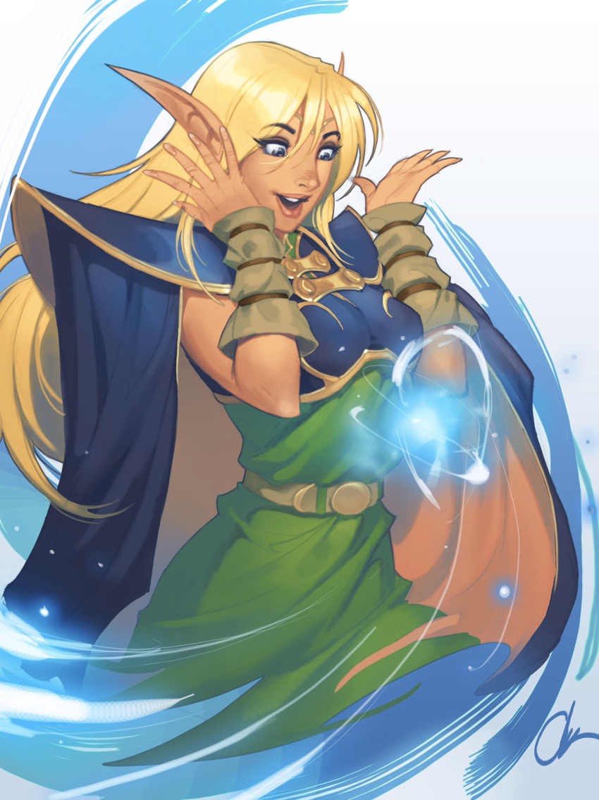 1girl arm_warmers armor blonde_hair blue_cape breastplate breasts cape chuck_pires circlet commentary deedlit dress elf english_commentary green_dress highres lips long_pointy_ears looking_down magic medium_breasts pauldrons pointy_ears record_of_lodoss_war solo surprised tunic