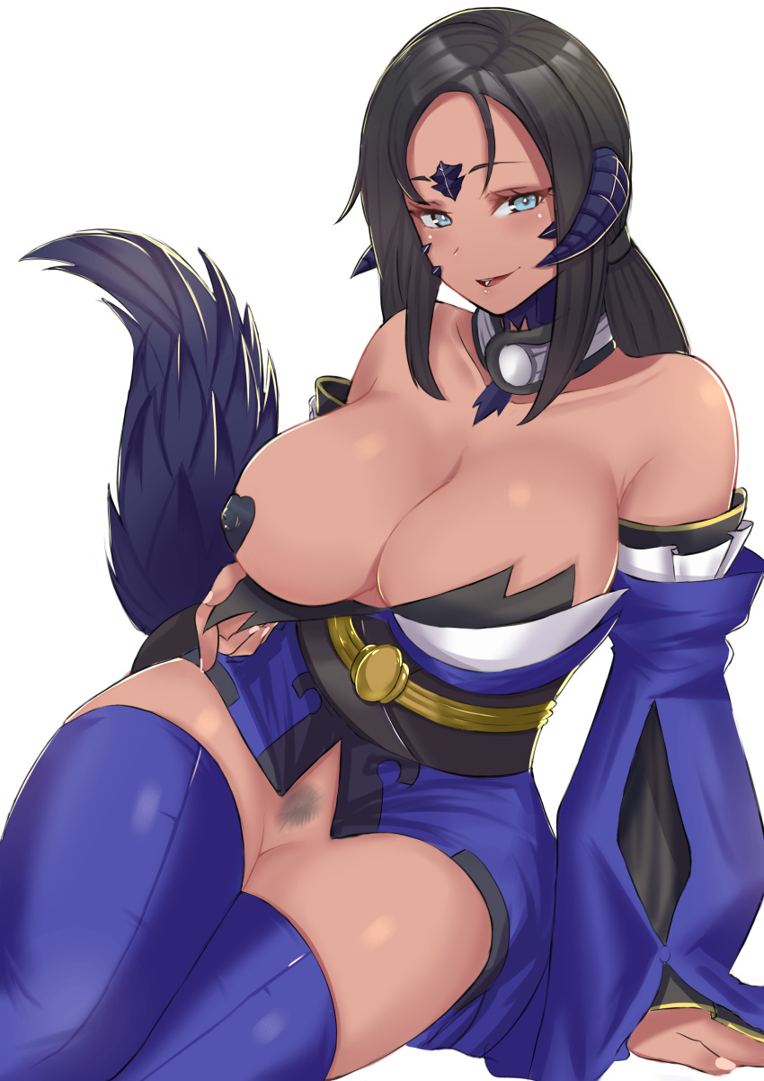 1girl absurdres arm_support au_ra bare_shoulders black_hair black_horns blue_eyes bottomless breasts commission cosplay covered_nipples dark_skin detached_collar detached_sleeves dragon_girl dragon_horns dragon_tail fictional_persona final_fantasy final_fantasy_xiv groin heart_pasties highres horns kanta_(kanta_077) large_breasts leaning_to_the_side long_hair looking_at_viewer pasties ponytail pubic_hair scales seductive_smile simple_background sitting skindentation smile solo strapless tail tamamo_(fate)_(all) tamamo_no_mae_(fate) tamamo_no_mae_(fate)_(cosplay) thighhighs white_background