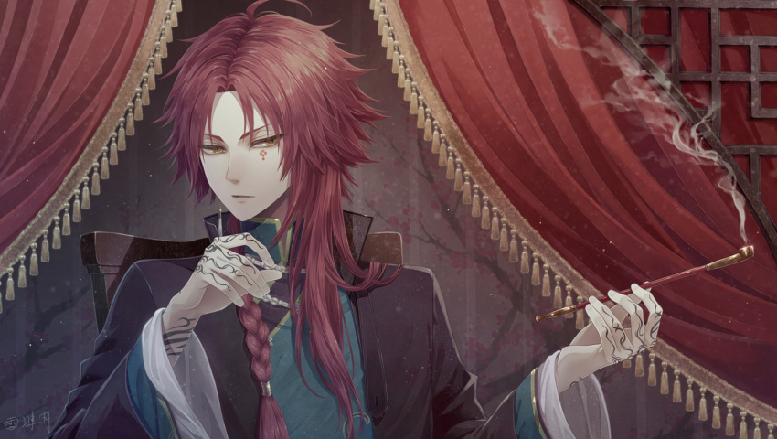 1boy ahoge angel31424 arm_tattoo bangs black_jacket braid commentary_request copyright_request hand_tattoo holding holding_pipe jacket long_hair male_focus pipe red_hair single_braid slit_pupils smoke solo tattoo yellow_eyes
