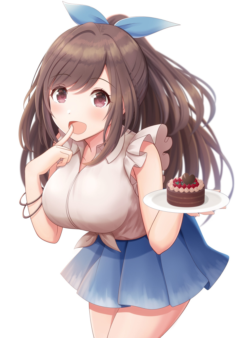 1girl :0 bangs blue_ribbon blue_skirt blush bracelet breasts brown_eyes brown_hair cake chocolate_cake eyebrows_visible_through_hair finger_to_mouth food frill_trim fruit hair_ribbon heart high_ponytail highres idolmaster idolmaster_shiny_colors jewelry kirifrog large_breasts long_hair looking_at_viewer open_mouth plate pleated_skirt ponytail ribbon shirt short_sleeves simple_background skirt smile strawberry tied_shirt tsukioka_kogane valentine white_background white_shirt