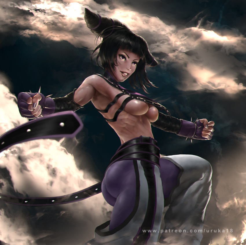 1girl ass belt bracelet breasts chaps cleavage drill_hair fingerless_gloves gloves han_juri highres jewelry looking_to_the_side muscle muscular_female outstretched_arms pantyhose purple_legwear smile solo spiked_bracelet spikes street_fighter street_fighter_iv_(series) toned twin_drills underboob uruka_18