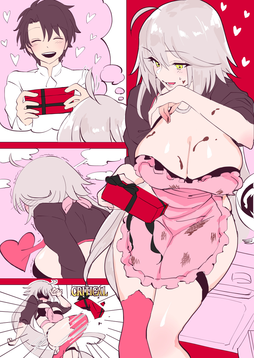 1boy 1girl absurdres ahoge apron black_jacket box breasts brown_hair chocolate cleavage closed_eyes commentary_request cropped_jacket fate/grand_order fate_(series) fujimaru_ritsuka_(male) gift gift_box heart highres jacket jeanne_d'arc_(alter_swimsuit_berserker) jeanne_d'arc_(fate)_(all) large_breasts long_hair naked_apron noinoise o-ring o-ring_bikini o-ring_top one_knee open_mouth red_legwear short_sleeves sideboob silver_hair single_thighhigh sweatdrop thighhighs valentine very_long_hair white_hair yellow_eyes