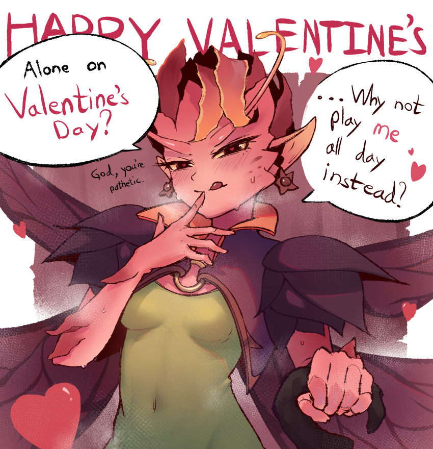 &lt;3 &lt;3_eyes 2020 bodily_fluids breasts clothed clothing dialogue dota english_text fairy female hi_res holidays humanoid humanoid_pointy_ears mireska_sunbreeze_the_dark_willow not_furry simple_background small_breasts smile solo sweat text thesorapoi valentine's_day video_games wings