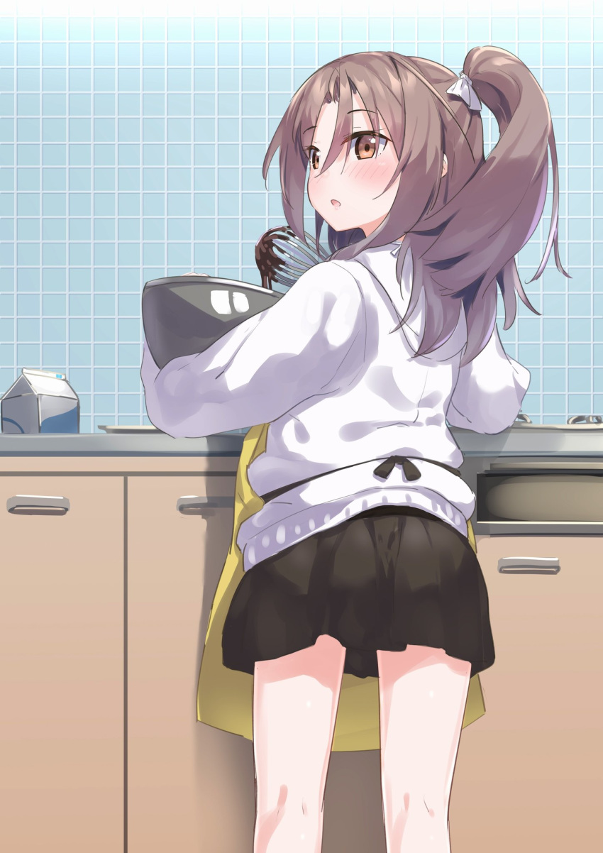 1girl :o alternate_costume apron bangs black_skirt blush bowl brown_eyes brown_hair chocolate chocolate_making eyebrows_visible_through_hair from_behind gedoo_(gedo) hair_between_eyes hair_ribbon head_tilt high_ponytail highres hood hood_down hoodie indoors jacket kantai_collection kitchen long_hair long_sleeves mixing_bowl open_mouth ponytail ribbon skirt solo tile_wall tiles valentine whisk yellow_apron zuihou_(kantai_collection)