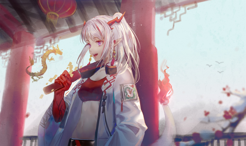 1girl :d arknights braid breasts crop_top dragon eastern_dragon hand_up highres holding horns jacket ji_dao_ji lantern long_hair looking_at_viewer medium_breasts midriff multicolored_hair navel nian_(arknights) open_clothes open_jacket open_mouth outdoors paper_lantern pointy_ears ponytail purple_eyes red_shirt shirt silver_hair smile solo streaked_hair tail white_jacket wide_shot wide_sleeves