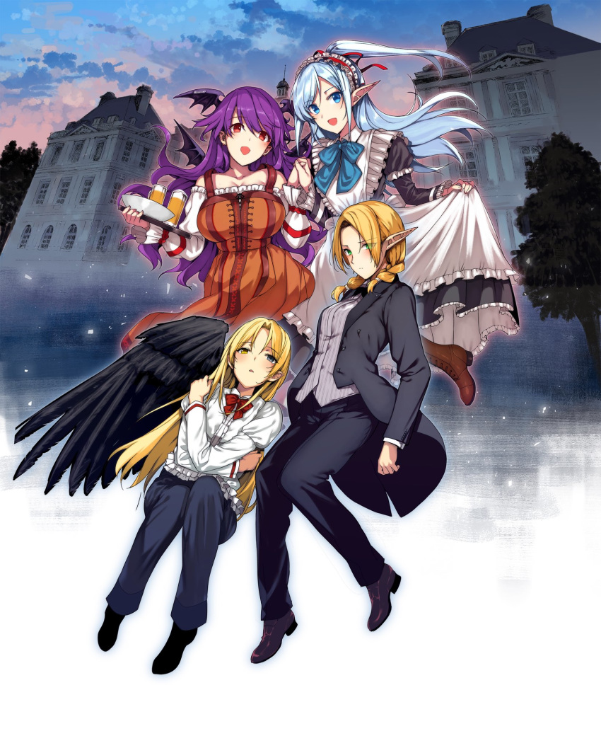 4girls :d alternate_costume apron bangs bare_shoulders black_jacket black_pants black_suit black_wings blonde_hair blue_bow blue_eyes blue_hair blush boots bow bowtie braid breasts character_request collarbone collared_shirt cup demon_wings dress drinking_glass enmaided evening eyebrows_visible_through_hair eyes_visible_through_hair feathered_wings forehead formal frilled_apron frilled_dress frilled_shirt frilled_sleeves frills full_body green_eyes half_updo head_wings heterochromia highres himajin_maou_no_sugata_de_isekai_e holding holding_hand holding_tray jacket juliet_sleeves katsurai_yoshiaki large_breasts long_dress long_hair long_sleeves looking_at_viewer low_twintails maid maid_apron maid_headdress mansion medium_breasts multiple_girls neck_ribbon novel_illustration off-shoulder_dress off_shoulder official_art open_clothes open_jacket open_mouth orange_dress pant_suit pants parted_bangs parted_lips pointy_ears puffy_sleeves purple_hair red_bow red_eyes reverse_trap ribbon ryue_(himajin_maou_no_sugata_de_isekai_e) self_hug shirt shoes sidelocks single_wing skirt_hold smile suit swept_bangs tray tree twin_braids twintails wavy_hair white_shirt wings yellow_eyes