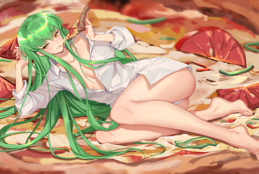 barefoot cc code_geass food green_hair long_hair open_shirt panties pizza underwear yellow_eyes yume_ou