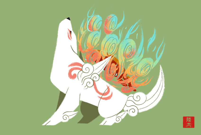 amaterasu black_eyes black_nose canid canine canis capcom deity eye_markings facial_markings feral fire fur green_background head_markings howl leg_tuft mammal markings red_markings rikuta_tp side_view simple_background solo standing tuft video_games white_body white_fur wolf ōkami
