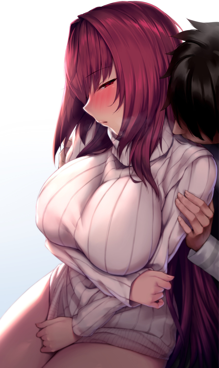 1boy 1girl absurdres bangs blush breasts fate/grand_order fate_(series) hair_intakes highres large_breasts long_hair long_sleeves lun7732 open_mouth purple_hair red_eyes scathach_(fate)_(all) scathach_(fate/grand_order)