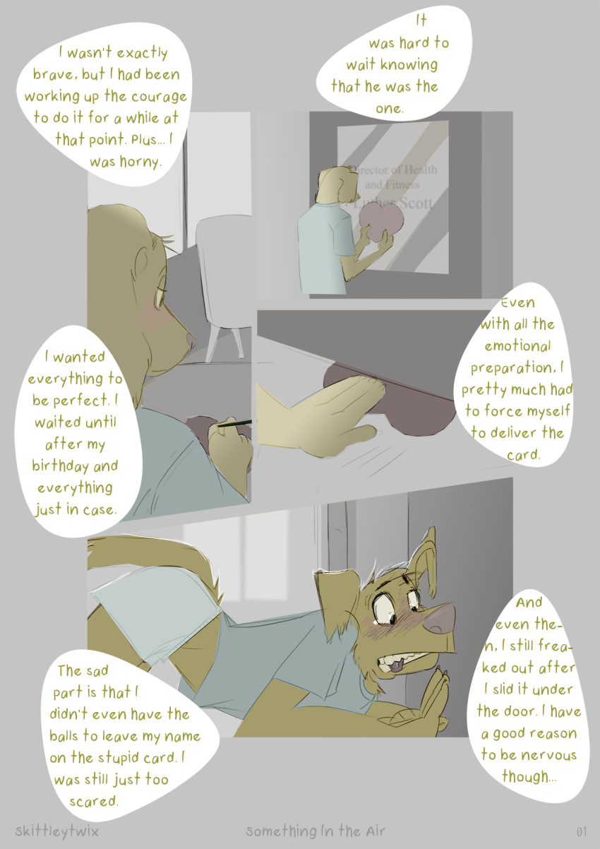 &lt;3 2020 anthro biped bite biting_lip biting_own_lip blush canid canine canis clothed clothing comic digital_media_(artwork) domestic_dog english_text eyebrows fur hi_res highschool holidays love male mammal nervous self_bite simple_background skittleytwix solo text tongue valentine's_day
