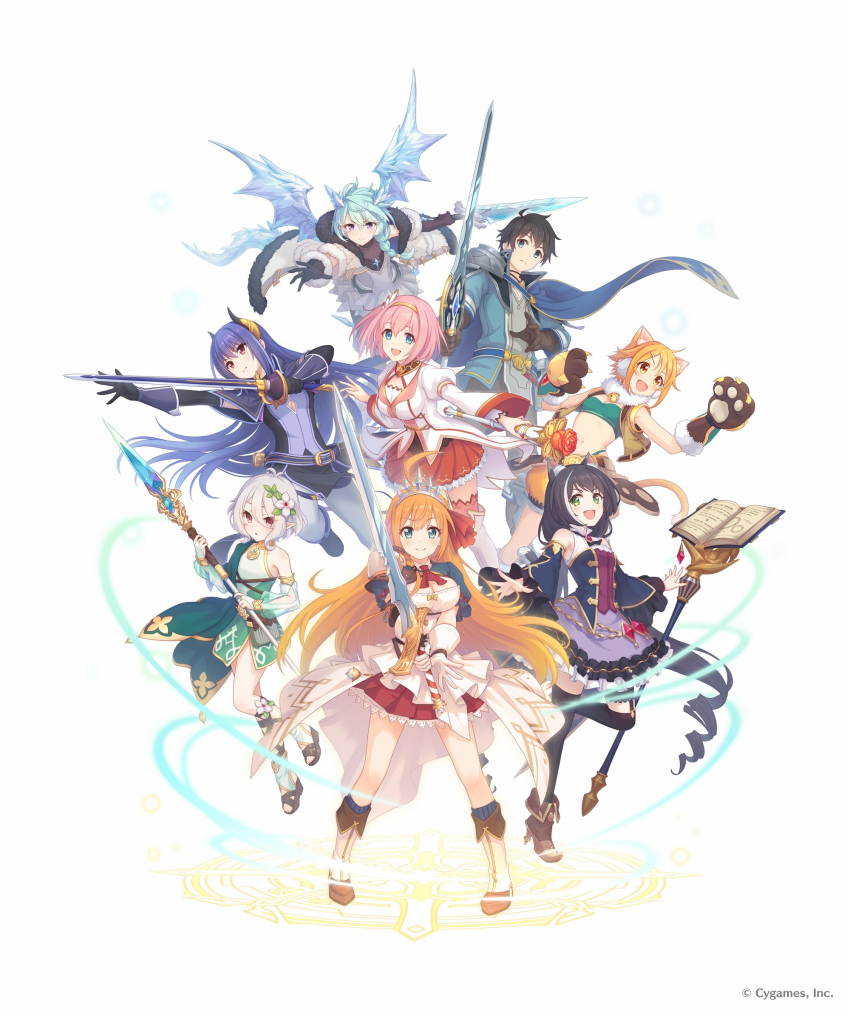 1boy 6+girls animal_ears bare_shoulders black_hair black_legwear blonde_hair blue_eyes blue_hair boots cat_girl demon_girl demon_horns dragon_girl dragon_horns dragon_tail frilled_skirt frills gauntlets green_hair hair_ornament hairband harusaki_hiyori highres horns kokkoro_(princess_connect!) kusano_yui kyaru_(princess_connect) long_hair multiple_girls official_art pecorine pink_hair polearm princess_connect! princess_connect!_re:dive purple_eyes shijou_rei short_hair silver_hair skirt spear staff sword tail thighhighs tiara twintails weapon yellow_eyes