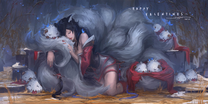 1girl ahri animal_ears black_hair bug butterfly closed_eyes closed_mouth fingernails fox_ears fox_tail glowing highres insect jenny_mun kitsune league_of_legends long_fingernails long_hair multiple_tails outdoors poro_(league_of_legends) red_nails sleeping tail tongue tongue_out tree valentine winter