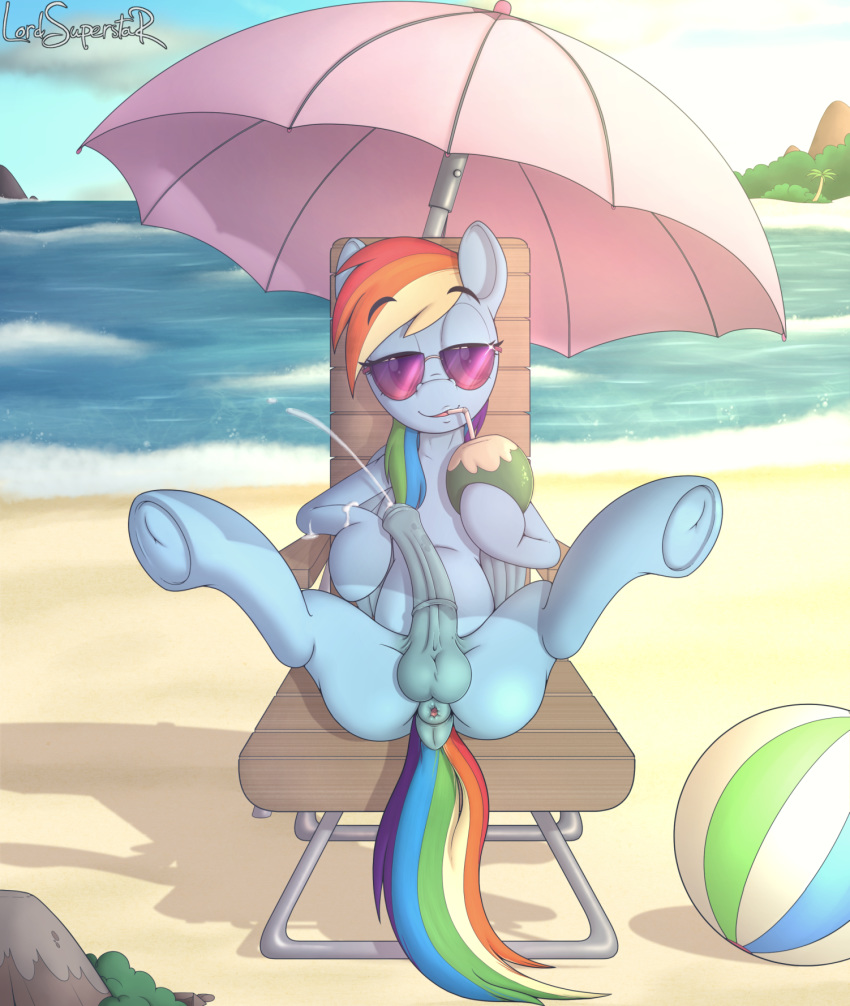 anus beach butt equid equine eyewear friendship_is_magic genitals gynomorph hi_res horse intersex lord_superstar mammal my_little_pony pony rainbow_dash_(mlp) seaside solo sunglasses umbrella water