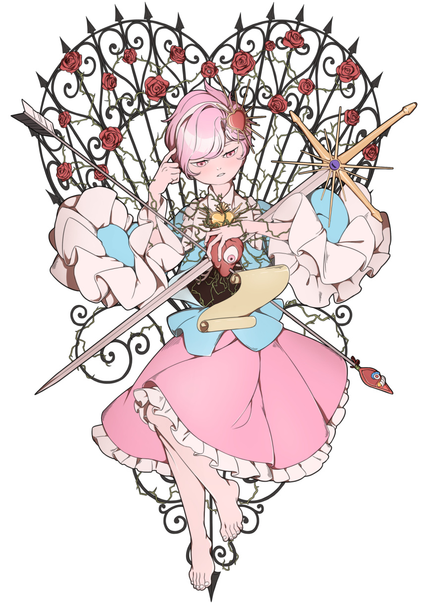 1girl arrow barefoot blouse blue_blouse commentary feet fence finger_to_head flower frilled_skirt frills full_body hair_ornament hairband head_tilt heart heart_hair_ornament highres holding holding_weapon impaled komeiji_satori long_sleeves looking_down mefomefo one_eye_closed open_clothes open_shirt pink_eyes pink_hair pink_skirt plant rose scroll short_hair simple_background skirt solo spikes sword third_eye toenails toes touhou valentine vines weapon white_background wide_sleeves