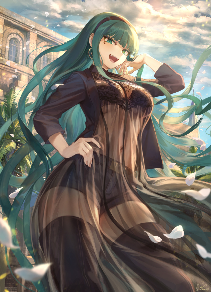 1girl bangs belt black_bra black_footwear black_jacket black_shorts blue_sky blush boots bra breasts cleopatra_(fate/grand_order) contemporary covered_navel earrings eye_of_horus fate/grand_order fate_(series) green_eyes green_hair hairband hand_on_hip highres hoop_earrings jacket jewelry large_breasts long_hair long_sleeves looking_at_viewer mashuu_(neko_no_oyashiro) open_clothes open_jacket open_mouth palm_tree petals sheer_clothes short_shorts shorts sky smile solo sunlight thigh_boots thighhighs thighs tree underwear very_long_hair