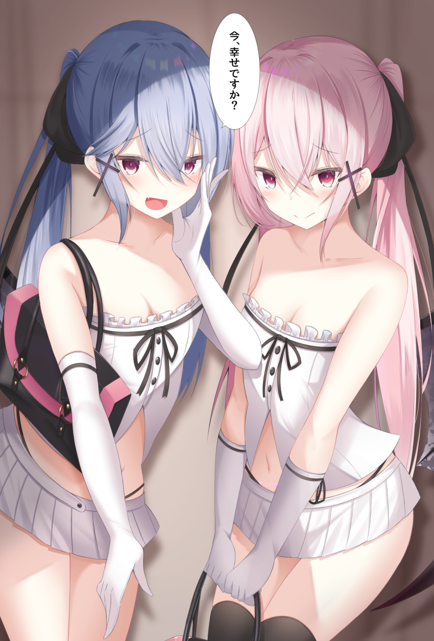 2girls :d bag bare_shoulders black_legwear blue_hair breasts cleavage collarbone commentary_request cowboy_shot crop_top doyachii elbow_gloves fang frilled_shirt frills gloves hair_between_eyes hair_ornament hair_ribbon highleg highres long_hair looking_at_viewer midriff miniskirt multiple_girls open_mouth original pink_hair pleated_skirt red_eyes ribbon shirt shoulder_bag skirt sleeveless sleeveless_shirt small_breasts smile speech_bubble strapless_shirt thighhighs translation_request twintails white_gloves white_shirt white_skirt zettai_ryouiki