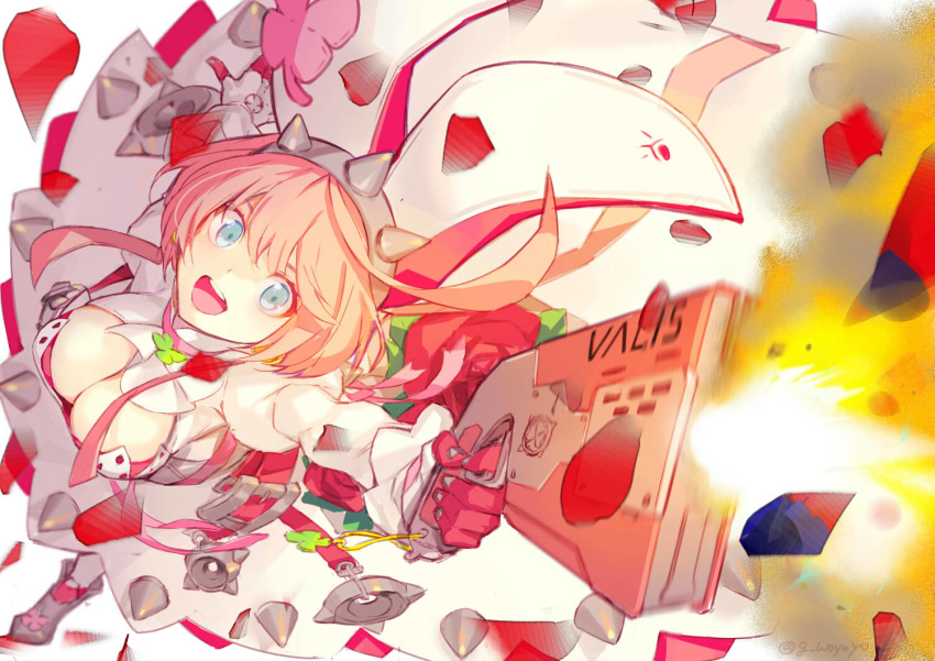 1girl blue_eyes breasts cleavage dress elphelt_valentine flower from_above gin_(oyoyo) gloves guilty_gear guilty_gear_xrd gun holding holding_gun holding_weapon large_breasts long_sleeves open_mouth orange_hair petals red_flower red_rose rose smile solo veil weapon white_dress