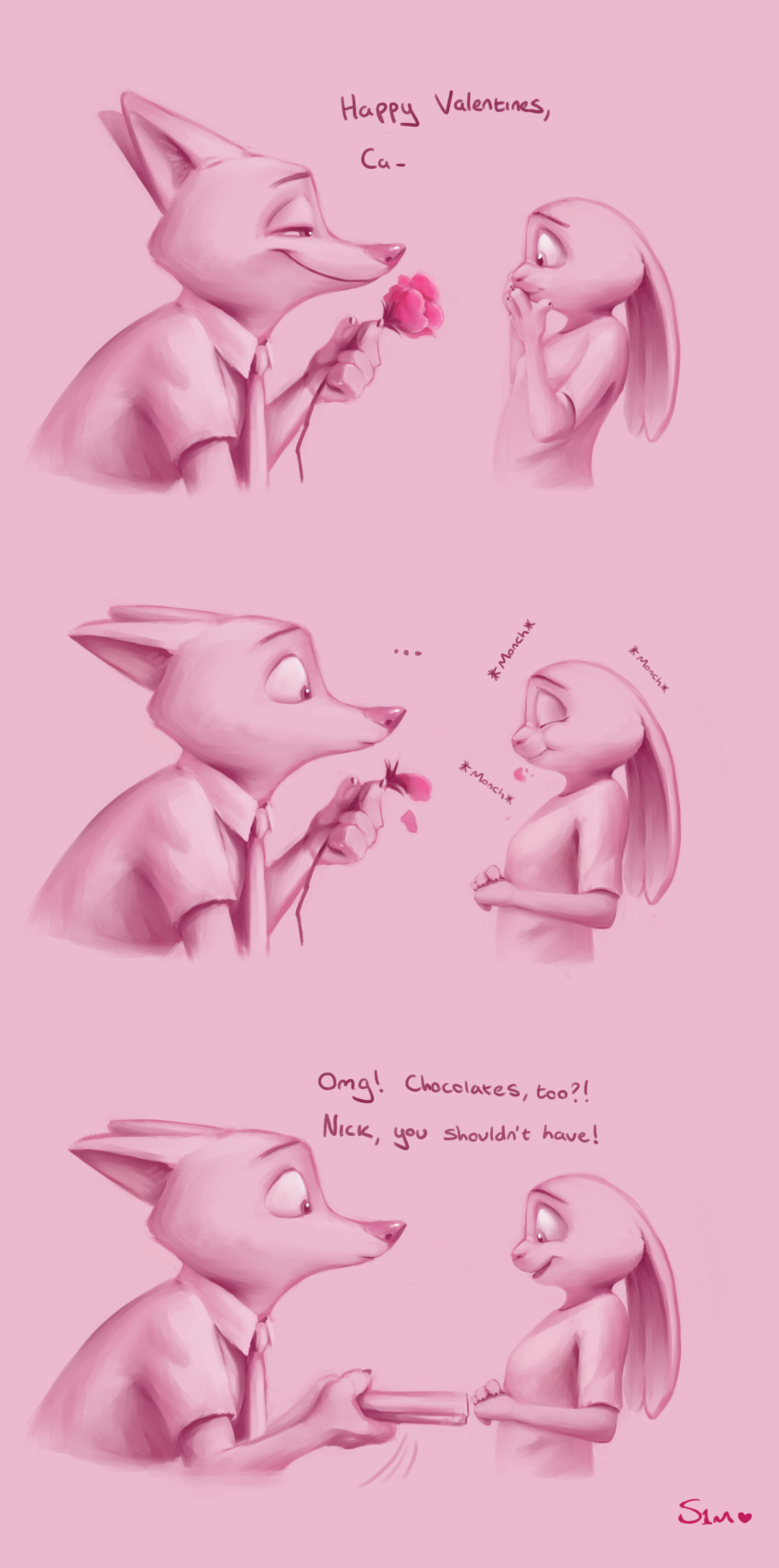 ! ... 2020 ?! absurd_res anthro anthro_on_anthro canid canine clothed clothing dialogue disney duo eating english_text flower fox fur hi_res holding_object holidays humor judy_hopps lagomorph leporid mammal monochrome nick_wilde pink_background pink_theme plant rabbit red_fox restricted_palette rose_(flower) s1m simple_background smile text valentine's_day zootopia